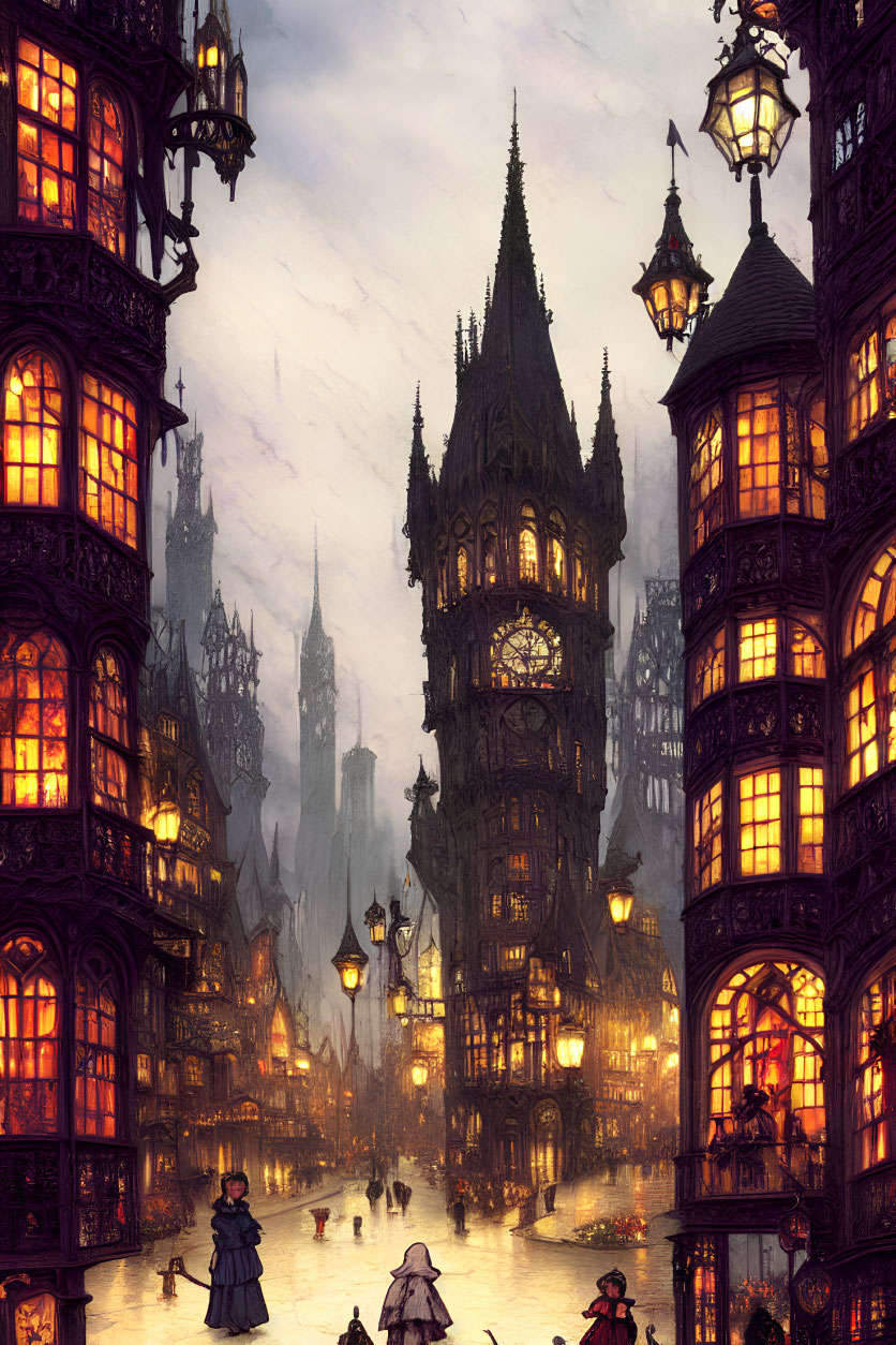 Gothic cityscape at twilight with towering spires and Victorian figures