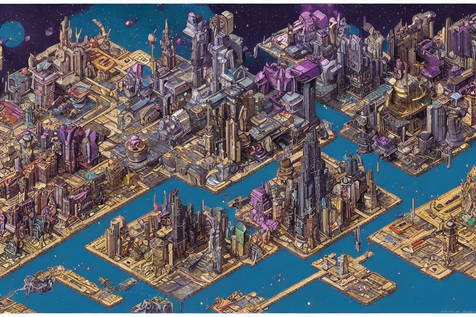 Detailed Pixel Art of Futuristic Floating City with Skyscrapers