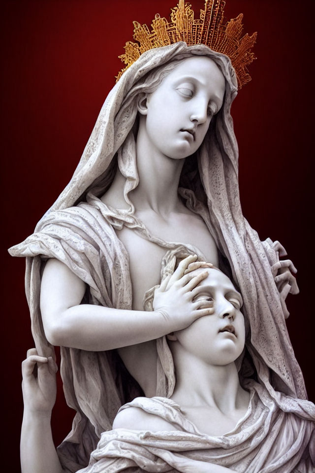 Marble sculpture of crowned female figure cradling lifeless body against red backdrop