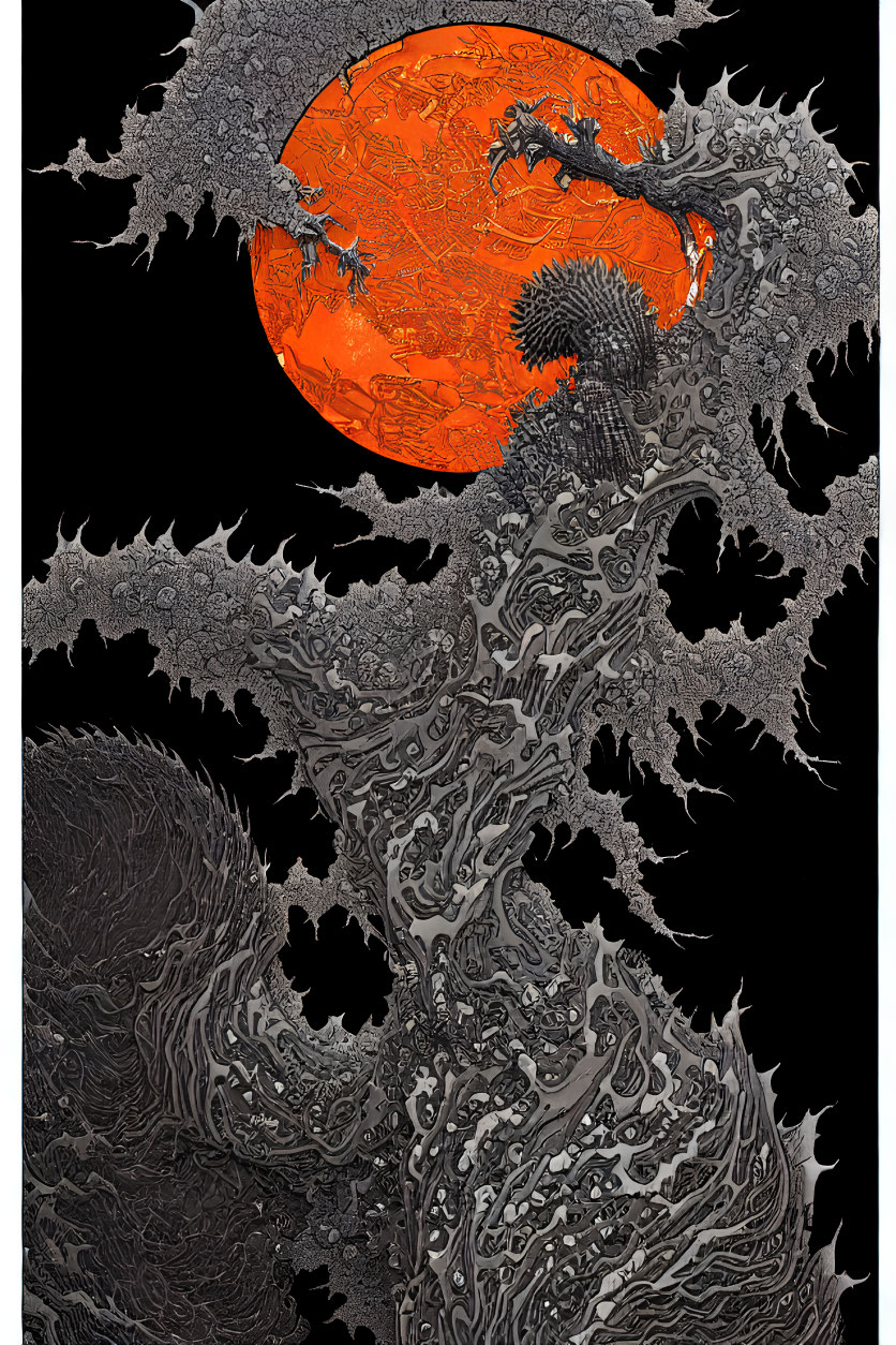 Intricate Black and Gray Fractal Design with Orange-Red Sphere