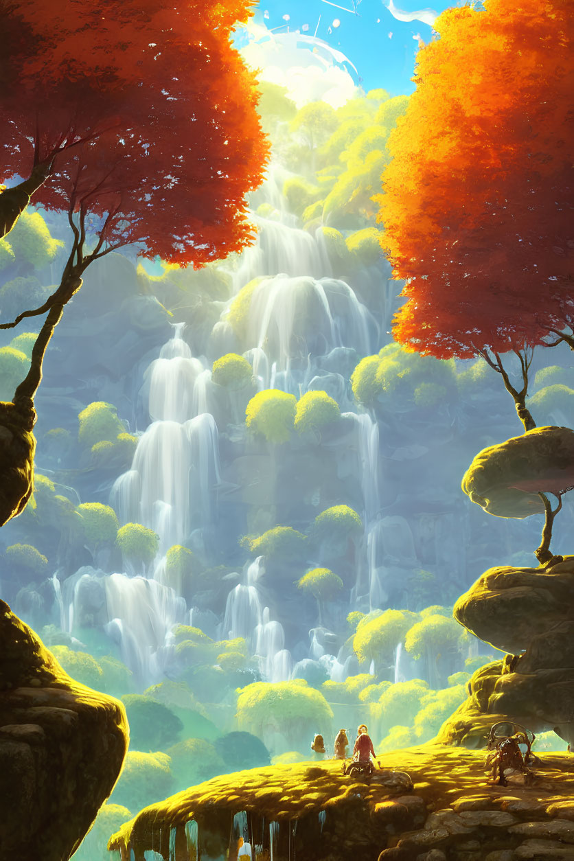 Majestic multitiered waterfall in lush landscape with autumnal trees