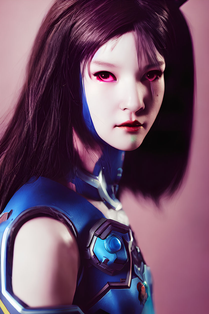 Illustration of female character with pale skin, long dark hair, pink eyes, and futuristic blue armor