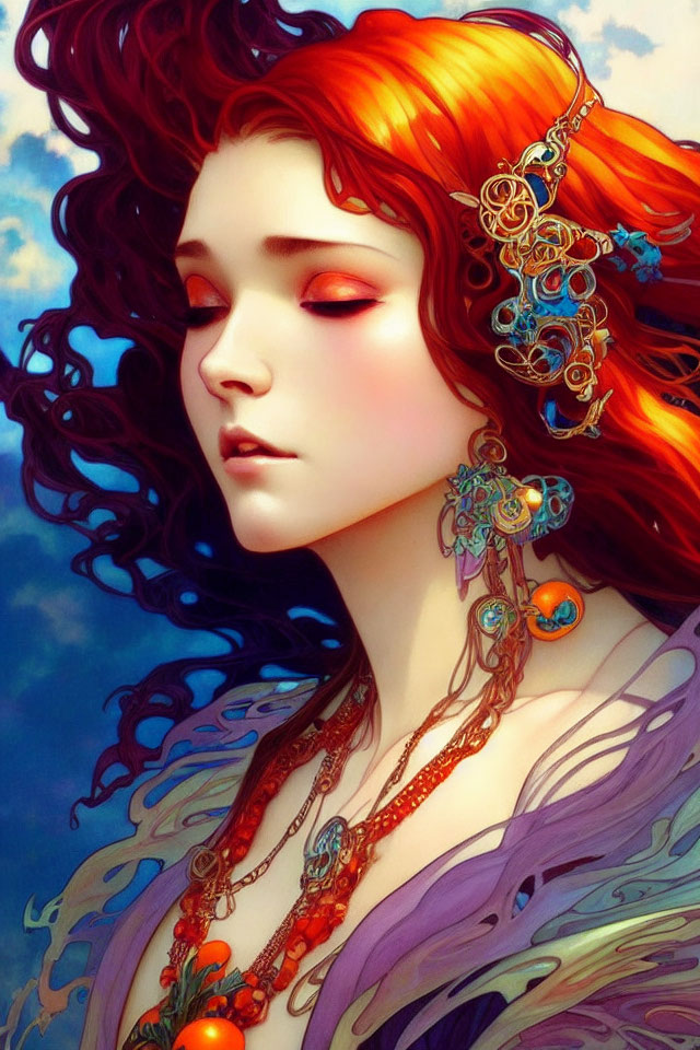 Vibrant woman illustration with red hair and ornate jewelry