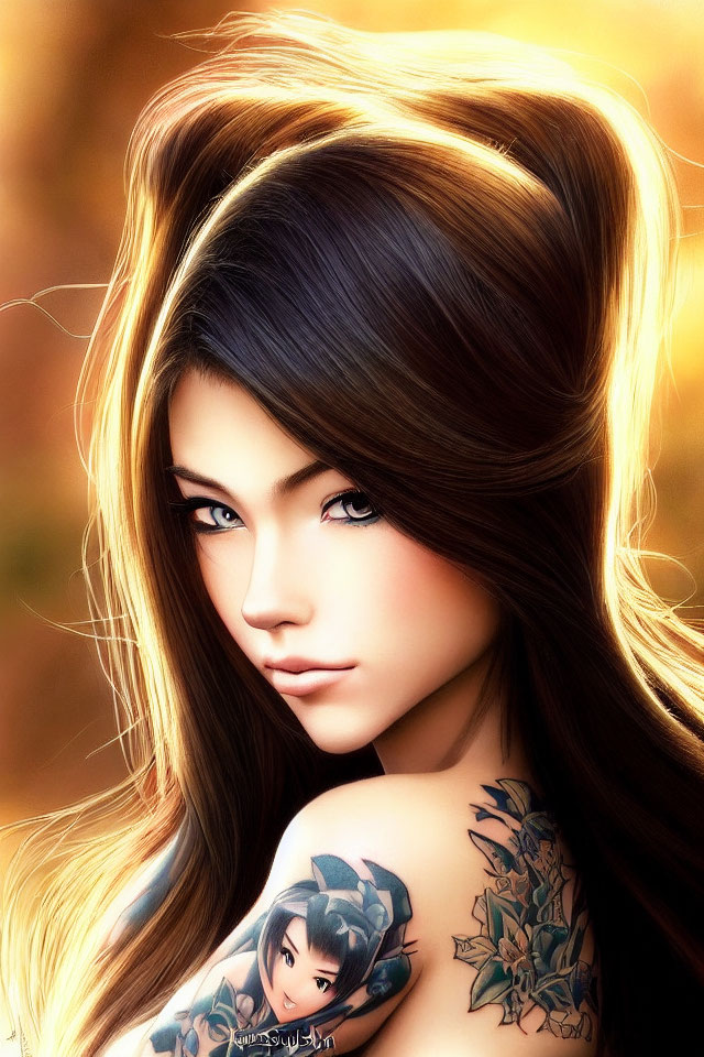 Digital artwork: Woman with dark hair, tattoos, golden background