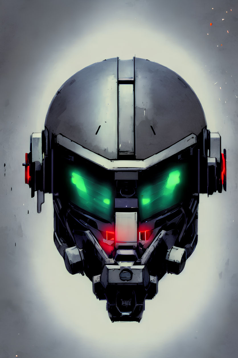 Futuristic robotic helmet with glowing green eyes and red visor