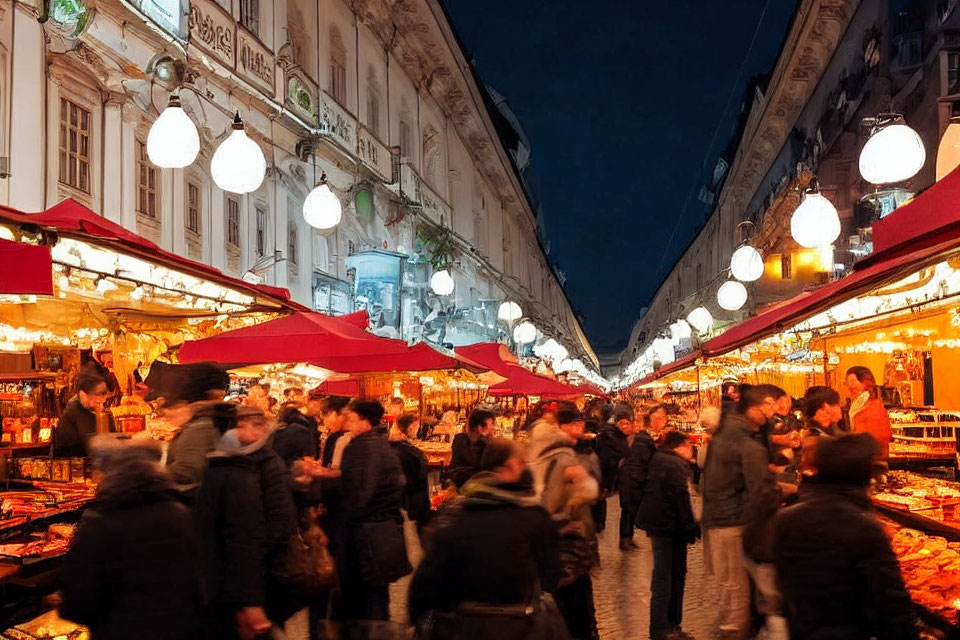 Vibrant outdoor evening market with hanging lights and red-canopied stalls