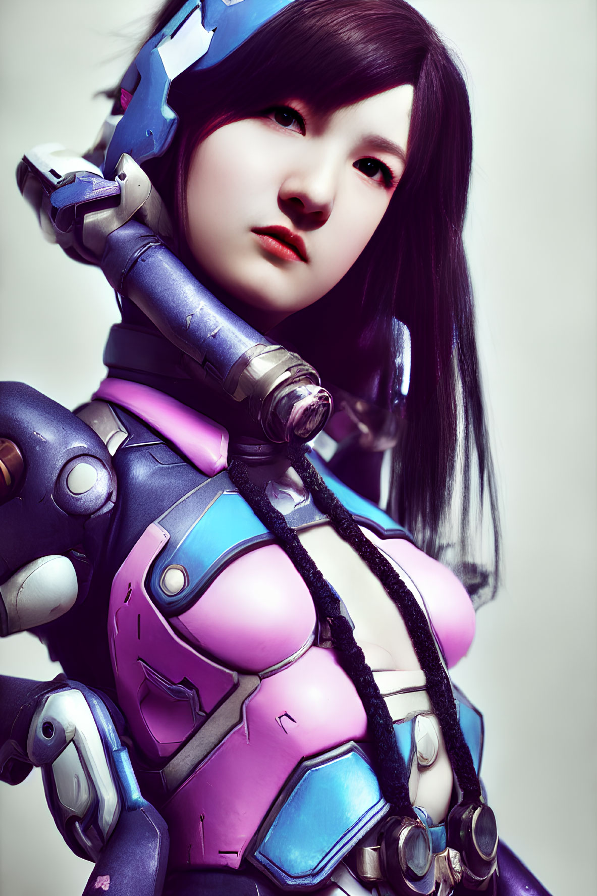 Intricate Blue and Pink Robotic Costume with Detailed Armor Panels