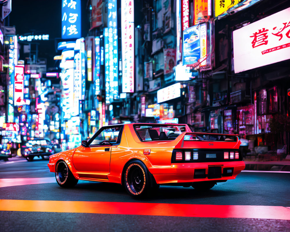 Neon-lit street scene with bright orange sports car at night