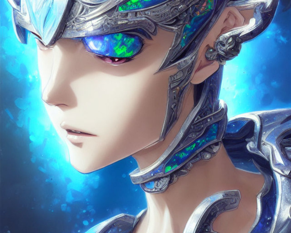 Character with green eyes in silver-blue armor against starry backdrop