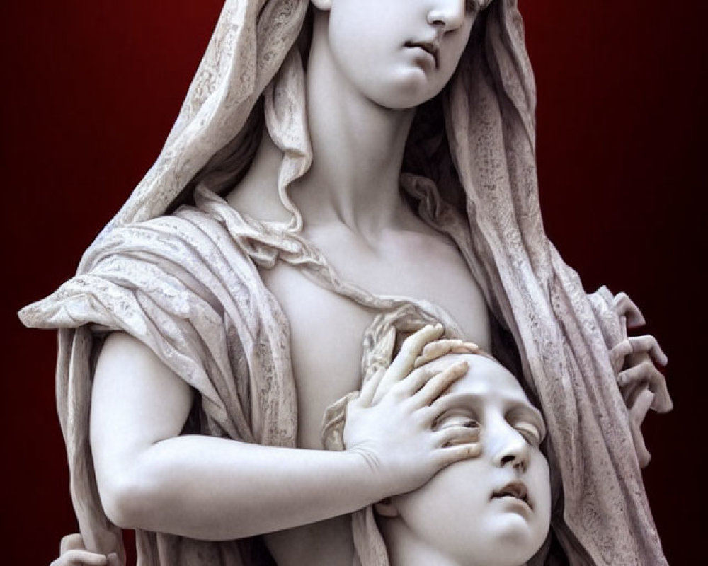 Marble sculpture of crowned female figure cradling lifeless body against red backdrop