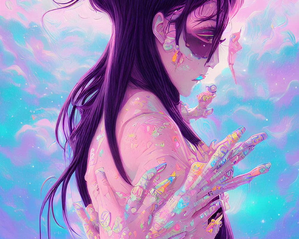 Digital illustration: Dark-haired girl with flower petals in dreamy sky