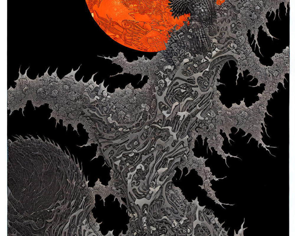 Intricate Black and Gray Fractal Design with Orange-Red Sphere