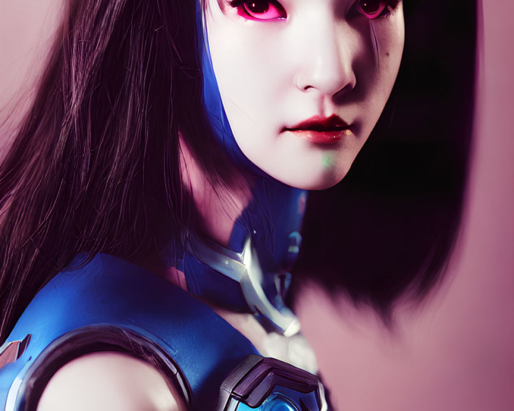 Illustration of female character with pale skin, long dark hair, pink eyes, and futuristic blue armor