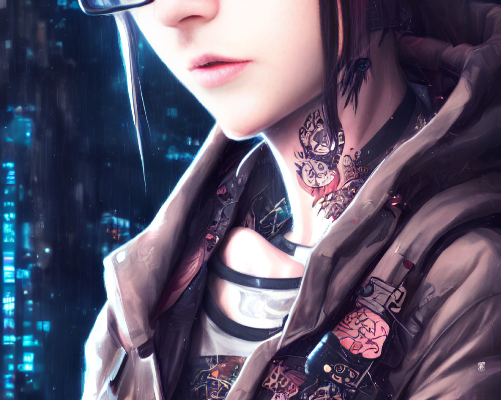 Illustration of person with red hair and cyberpunk sunglasses in futuristic cityscape