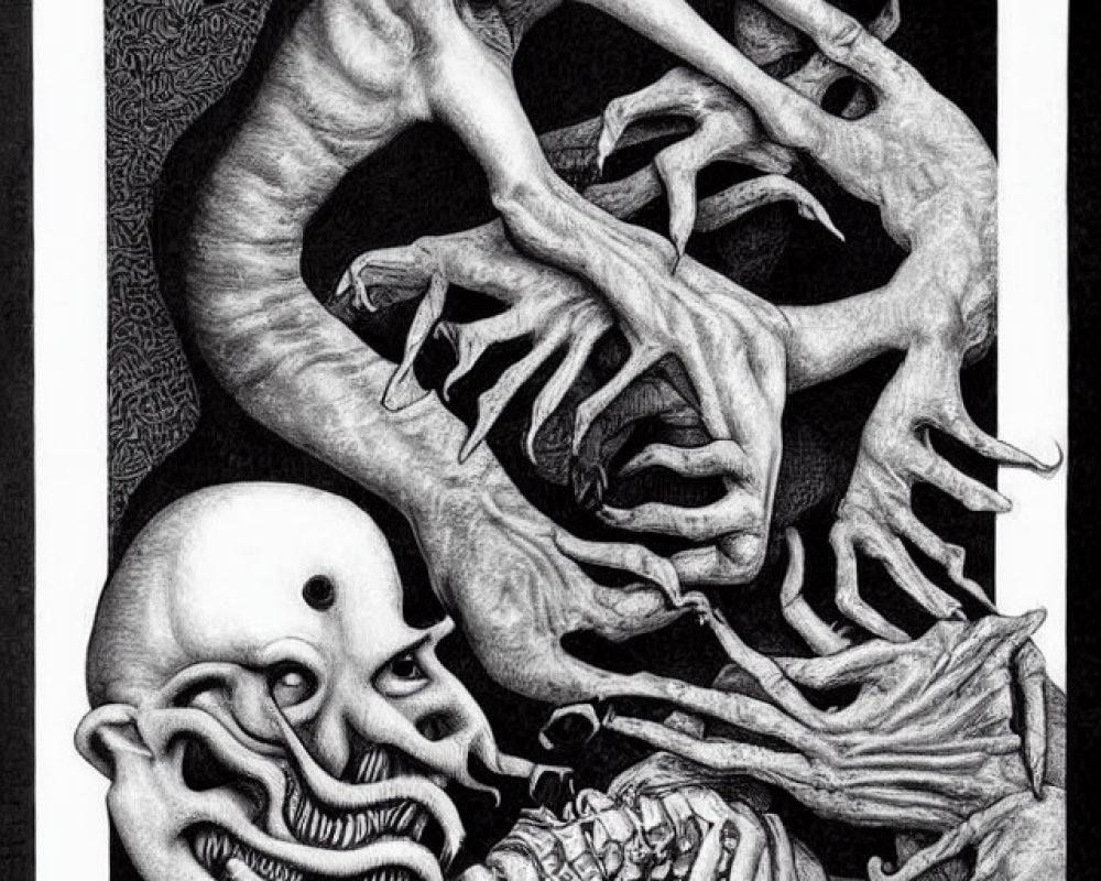 Monochrome surreal artwork: skeletal figures with twisted forms against patterned background