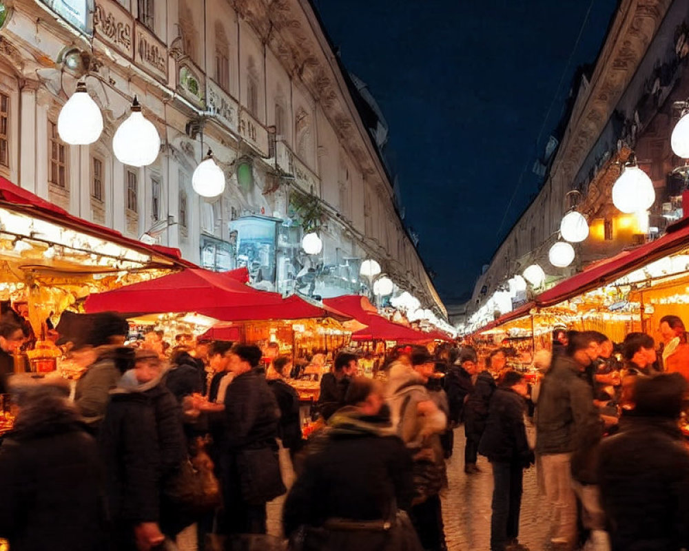 Vibrant outdoor evening market with hanging lights and red-canopied stalls