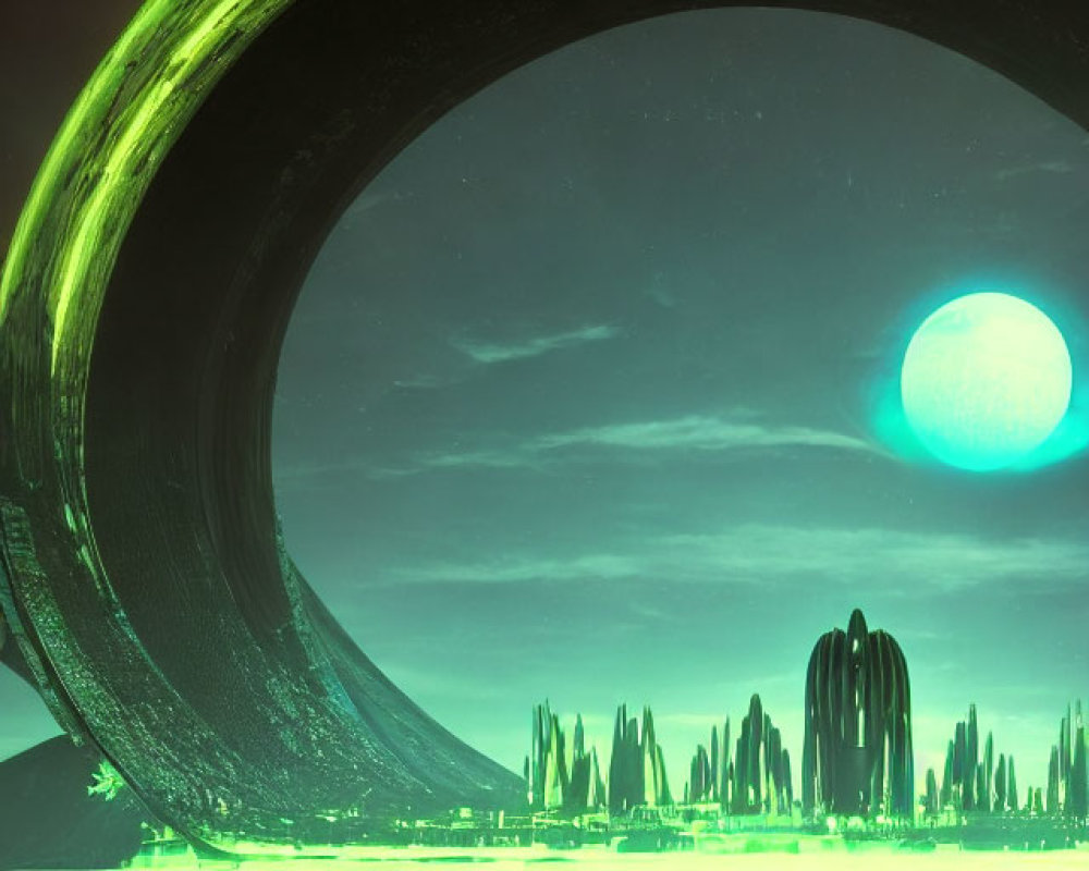 Alien planet scene with massive glowing green ring structure