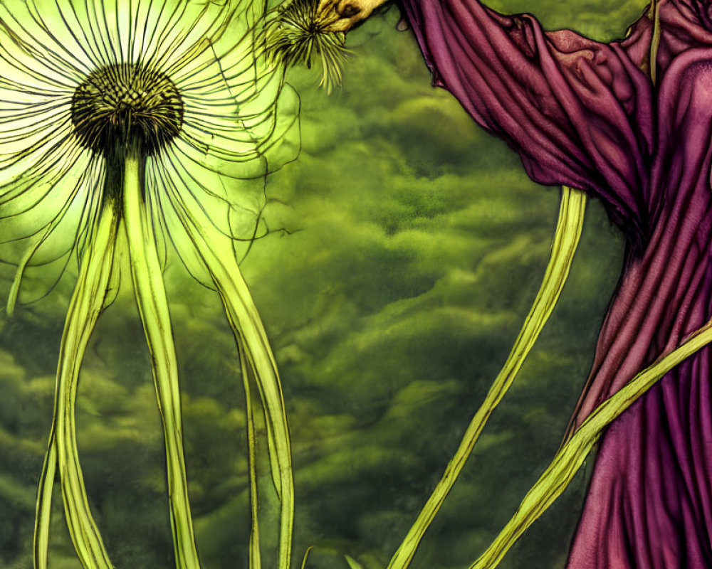 Illustration of person in purple robes with luminous dandelion on ethereal background