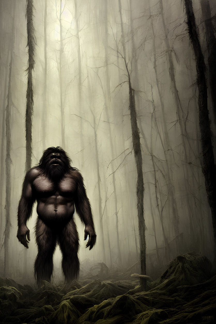 Giant ape-like creature in foggy forest with tall trees