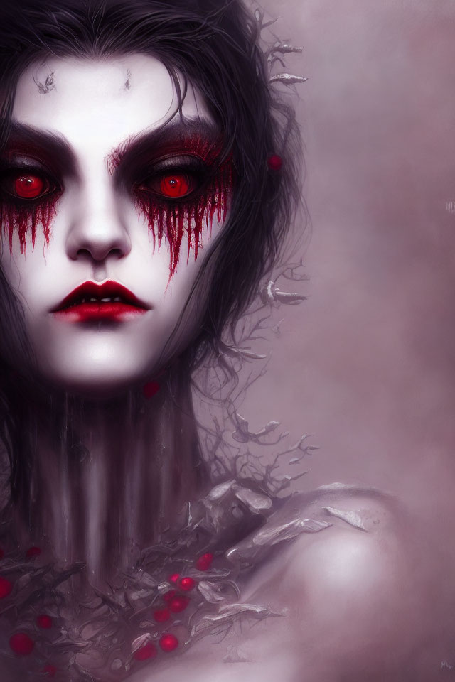Pale Woman with Red Eyes and Gothic Makeup in Misty Setting
