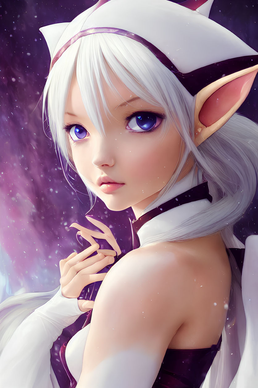 Fantasy character with cat-like ears, violet eyes, and white hair on cosmic purple background