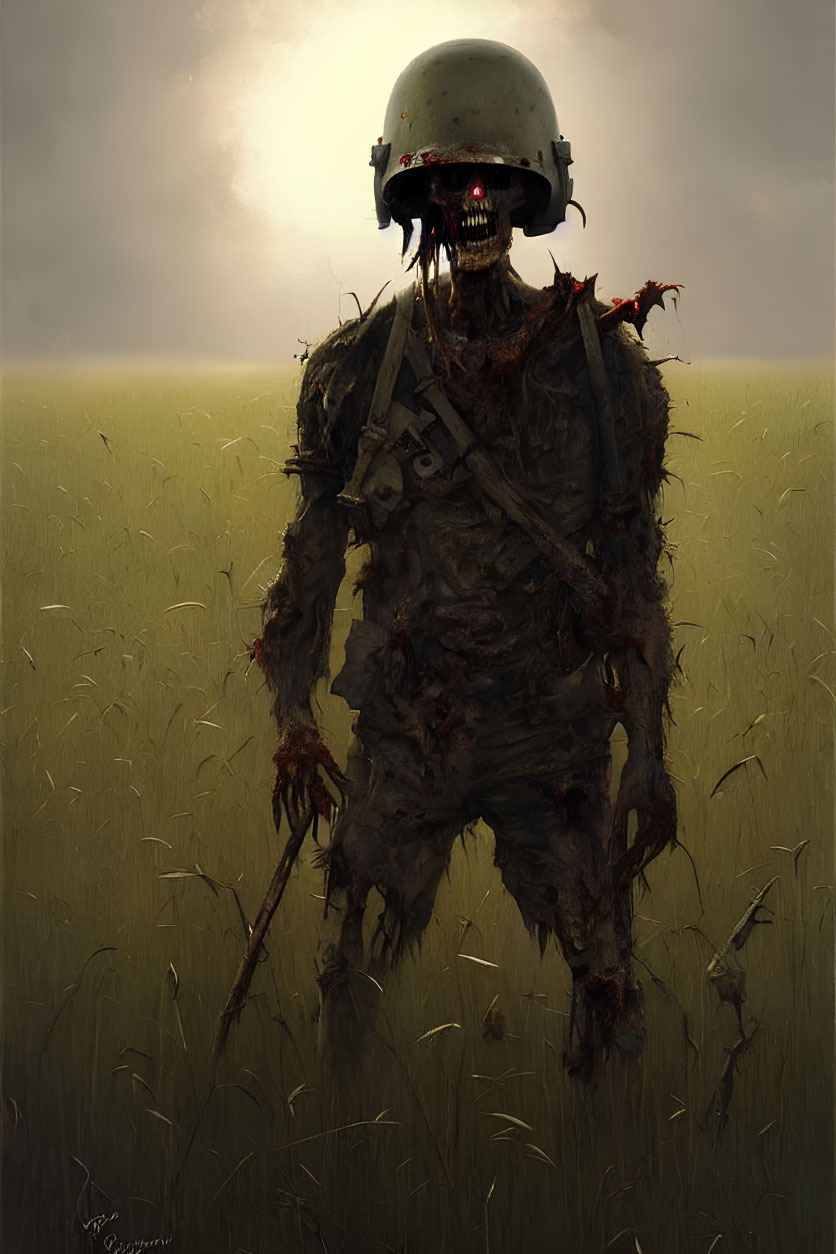 Glowing-eyed zombie soldier in helmet in eerie field setting