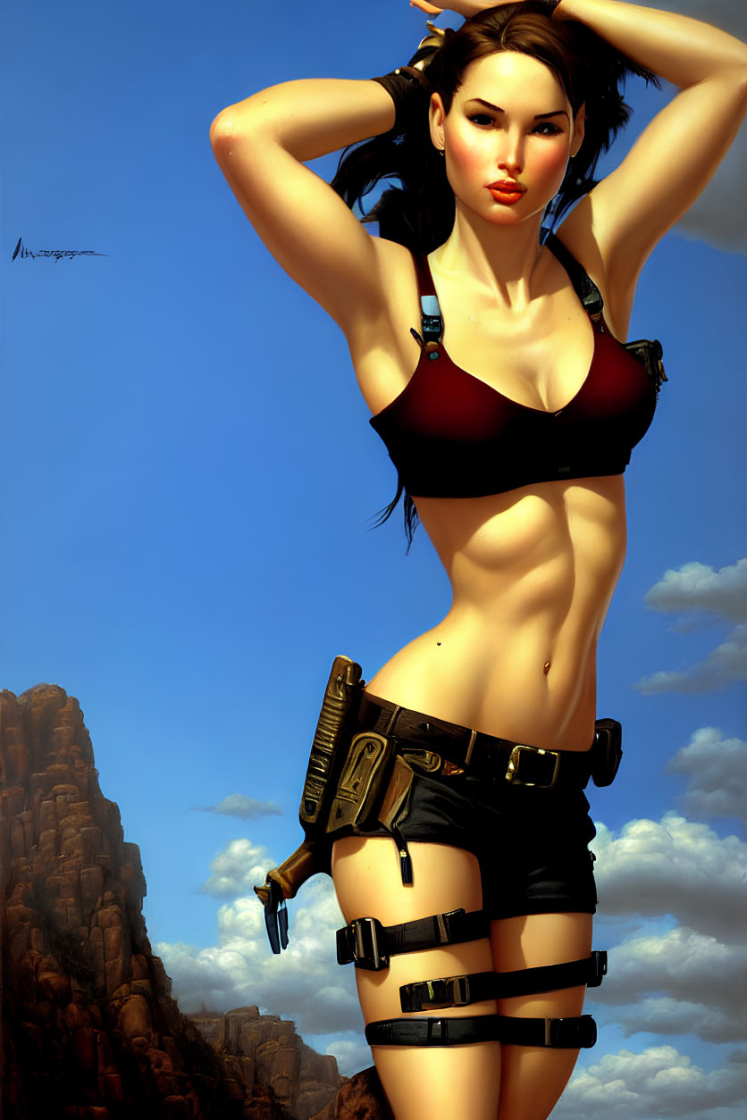 Digital artwork of woman in black crop top and shorts with gun holster on rocky terrain.