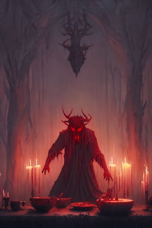 Dark figure with horns at candlelit altar in eerie chamber