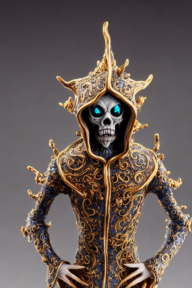 Skeletal creature figurine in blue and gold ornate robe
