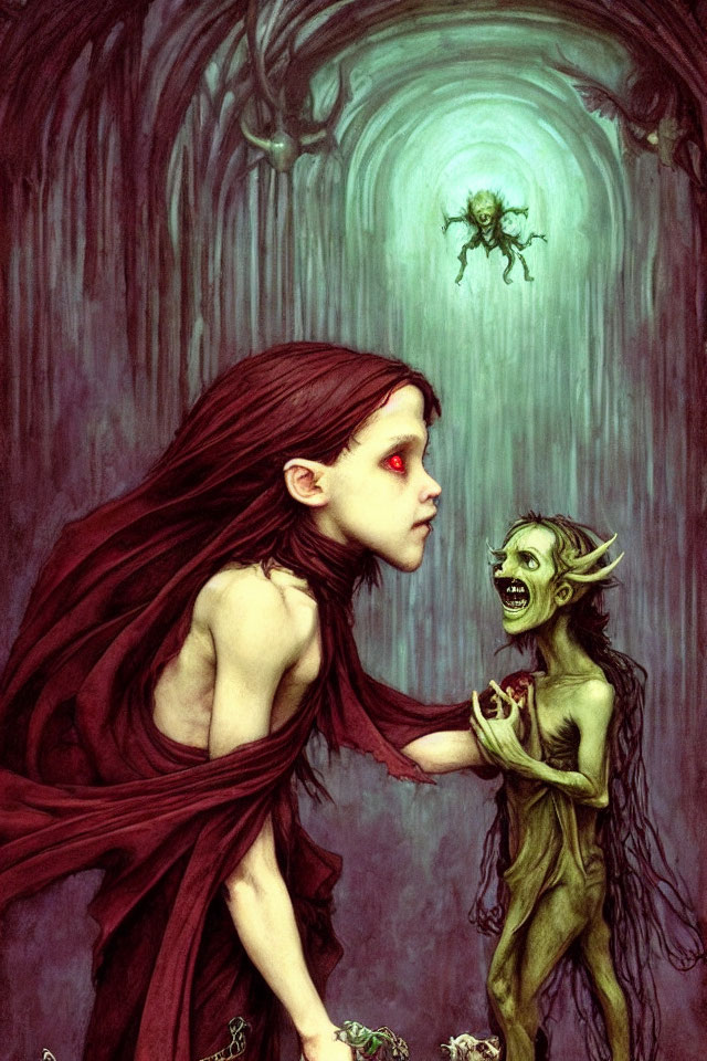 Red-haired pale girl gazes at green imp with horns in eerie archway