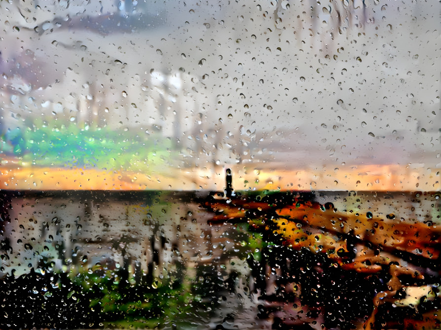 Lighthouse aurora on a rainy morning