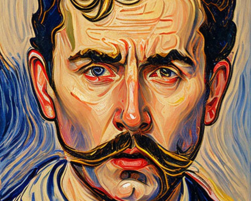 Portrait of a man with mustache and swirling background reminiscent of Van Gogh.