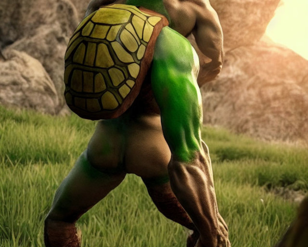 Muscular anthropomorphic turtle with arrow in green shell standing in grassy field