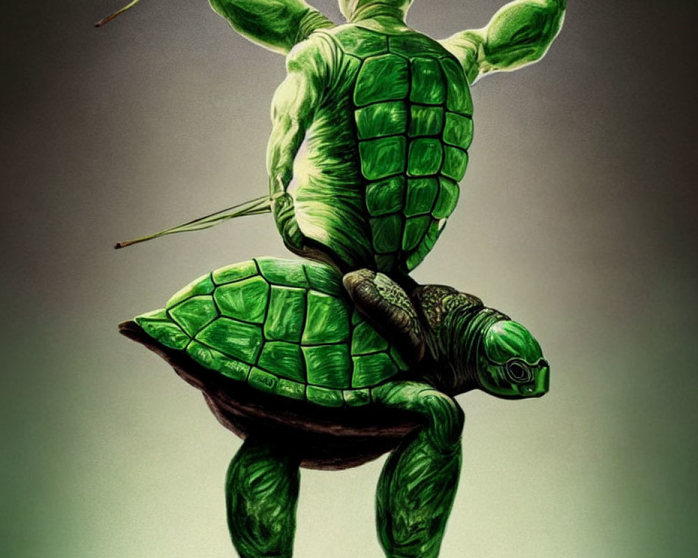 Muscular humanoid turtle with green body and shell holding a bow upright