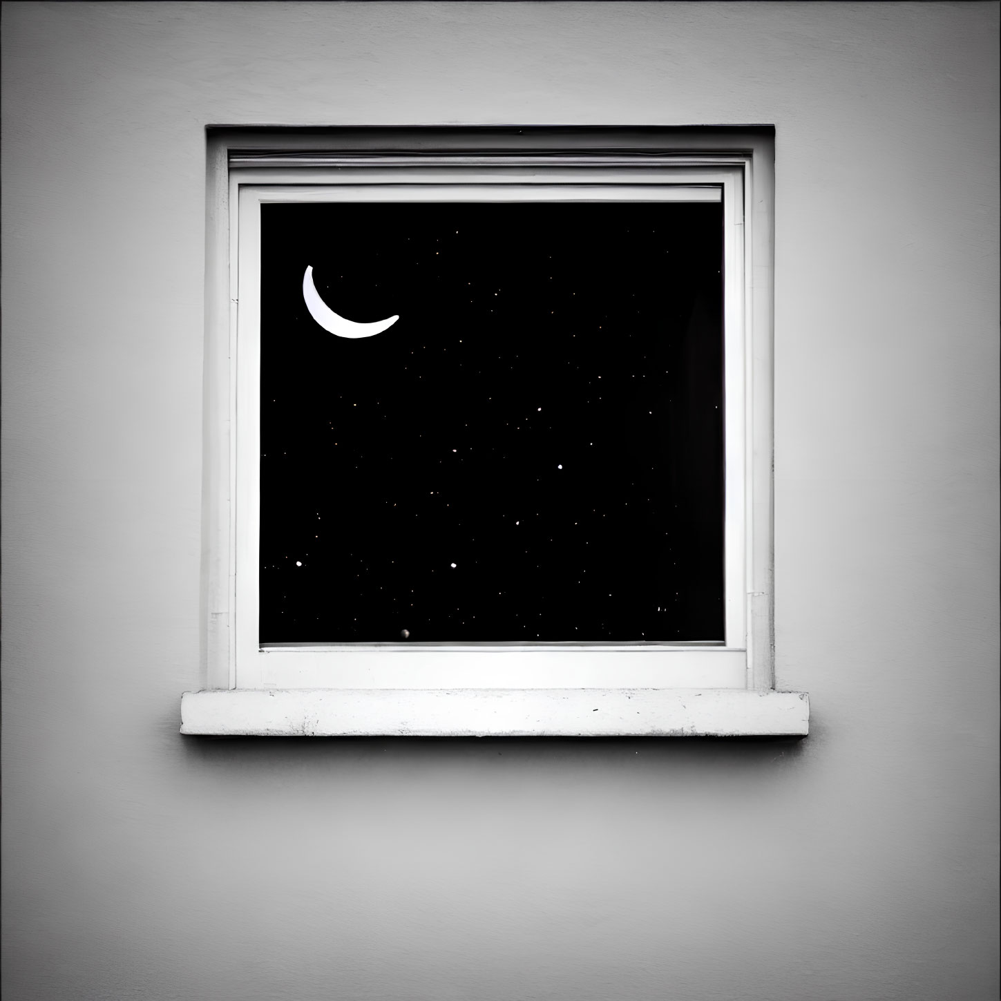 Crescent moon through square window on starry night sky