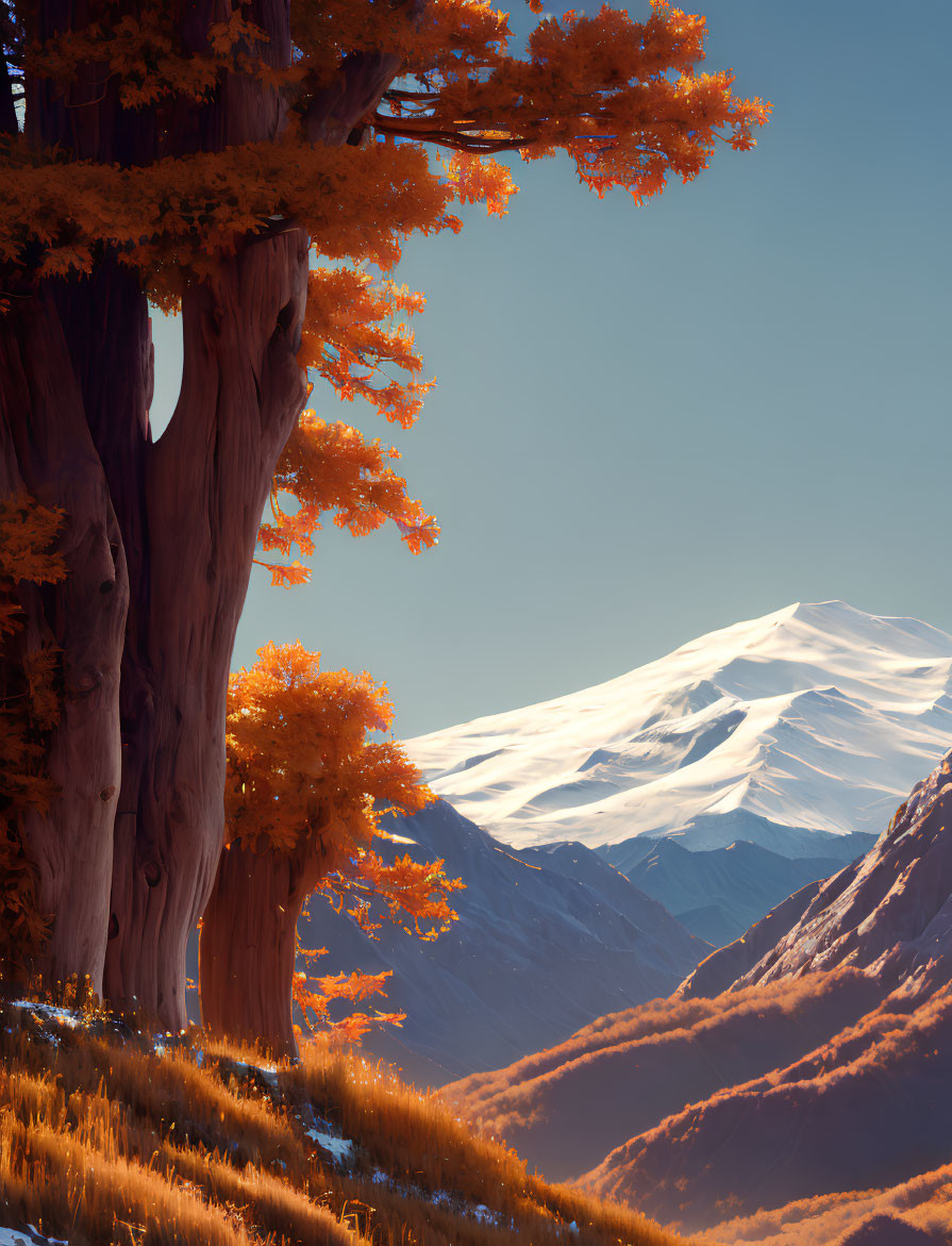 Majestic Trees with Orange Autumn Foliage and Snowy Mountains