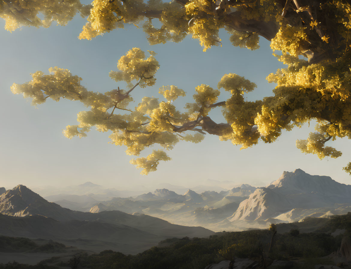 Majestic landscape with flowering tree and hazy mountains