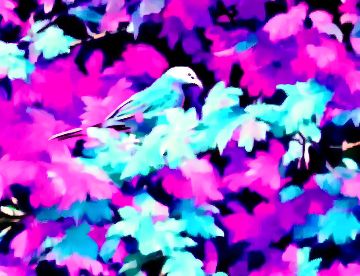 Colorful abstract image: Bird on branch in pink and blue tones
