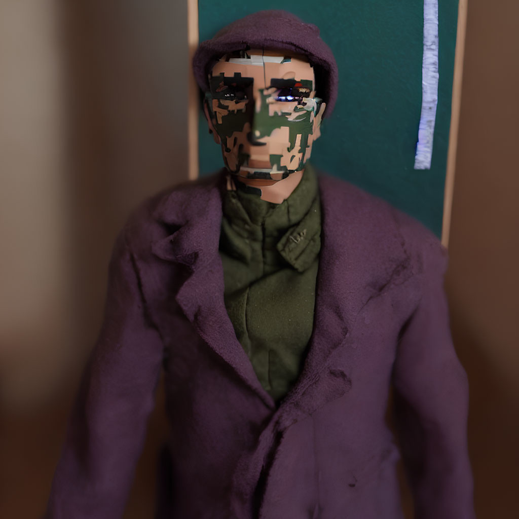 Pixelated Face Figurine in Purple Jacket & Green Shirt on Blurry Background