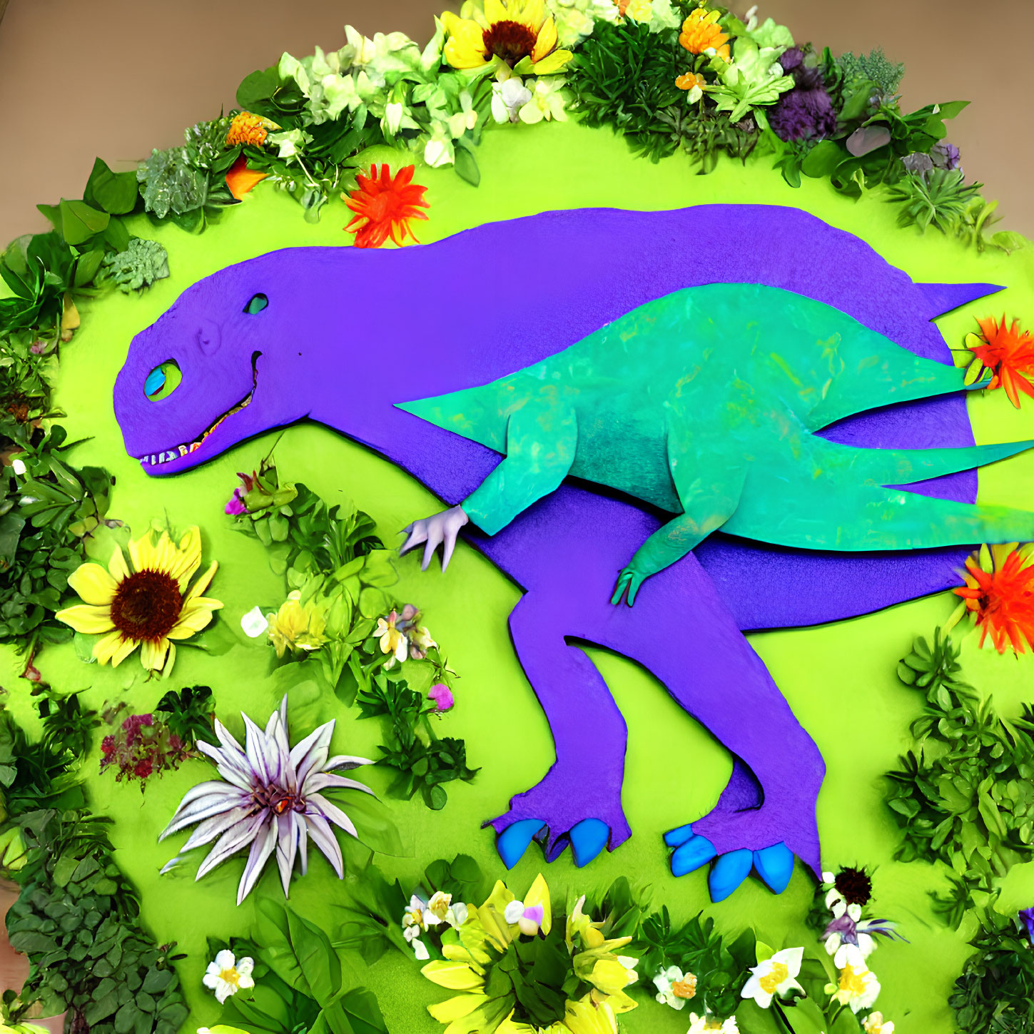 Vibrant purple and green dinosaur in floral setting