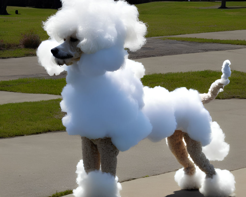 Fluffy white poodle with cloud-like fur walking on sidewalk