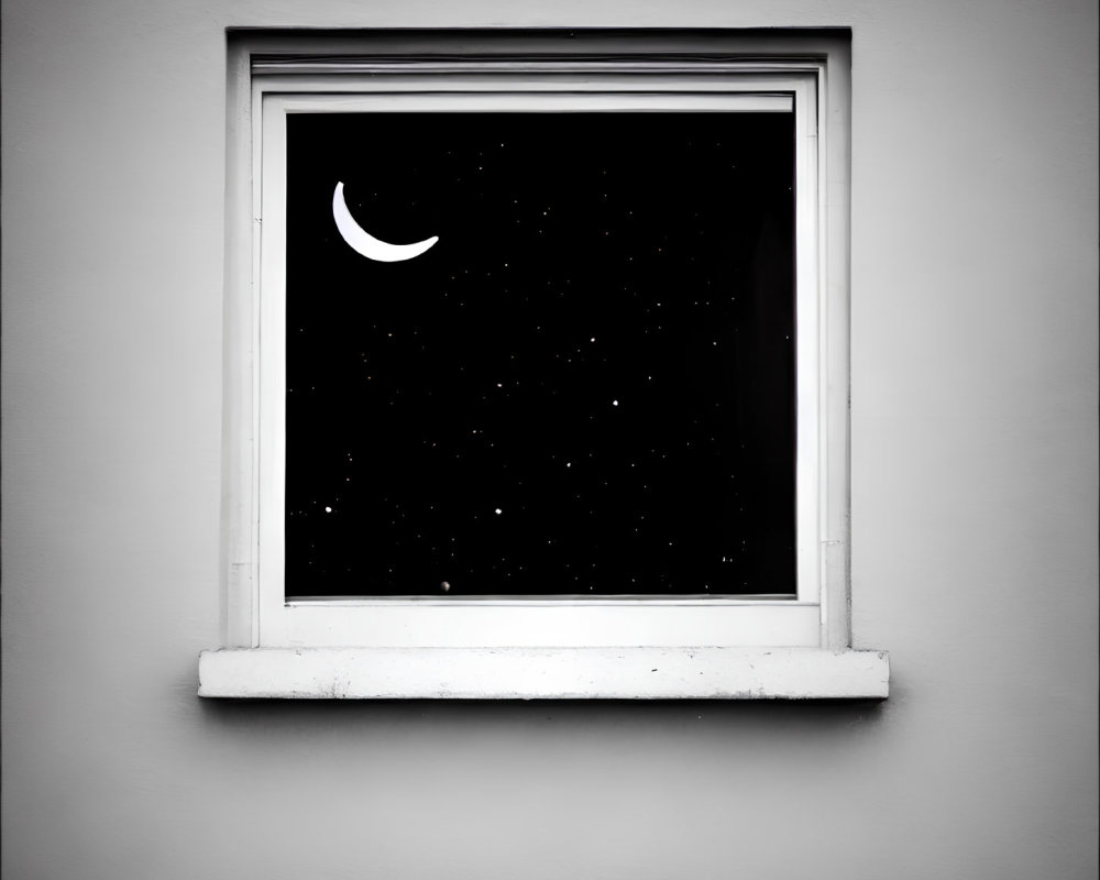 Crescent moon through square window on starry night sky