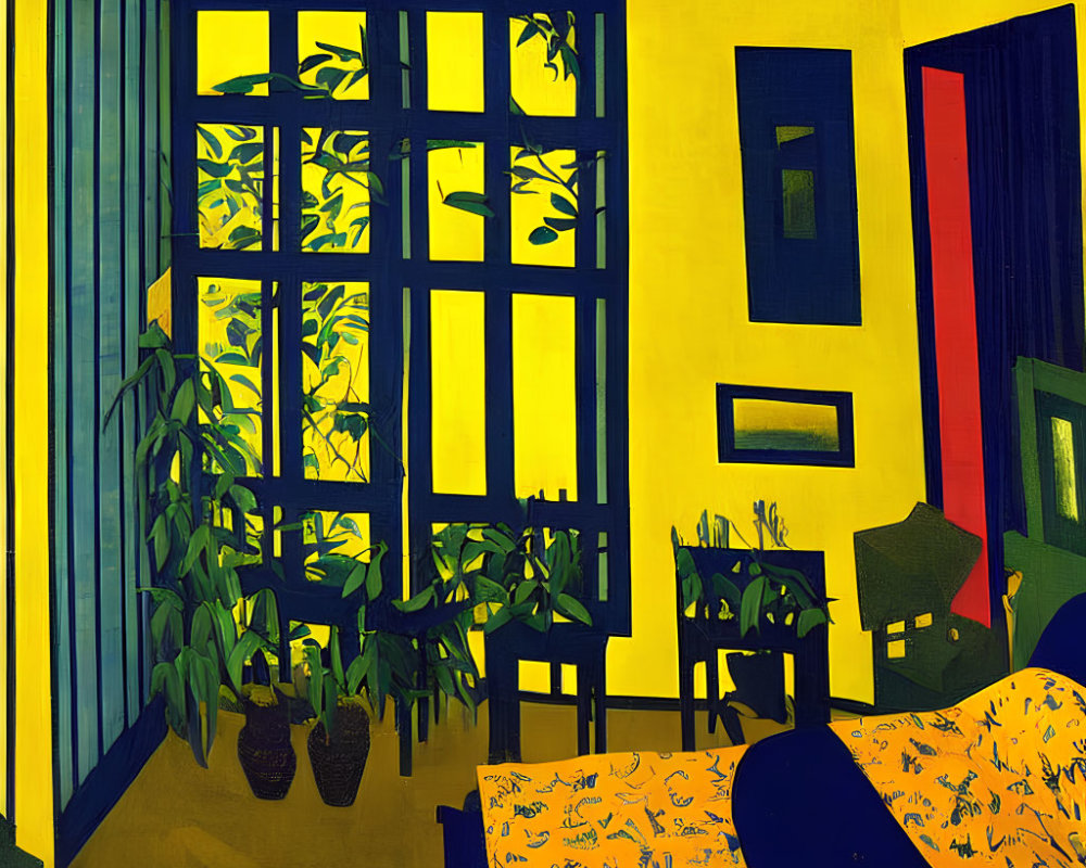 Stylized painting of yellow bedroom with large window and blue bed