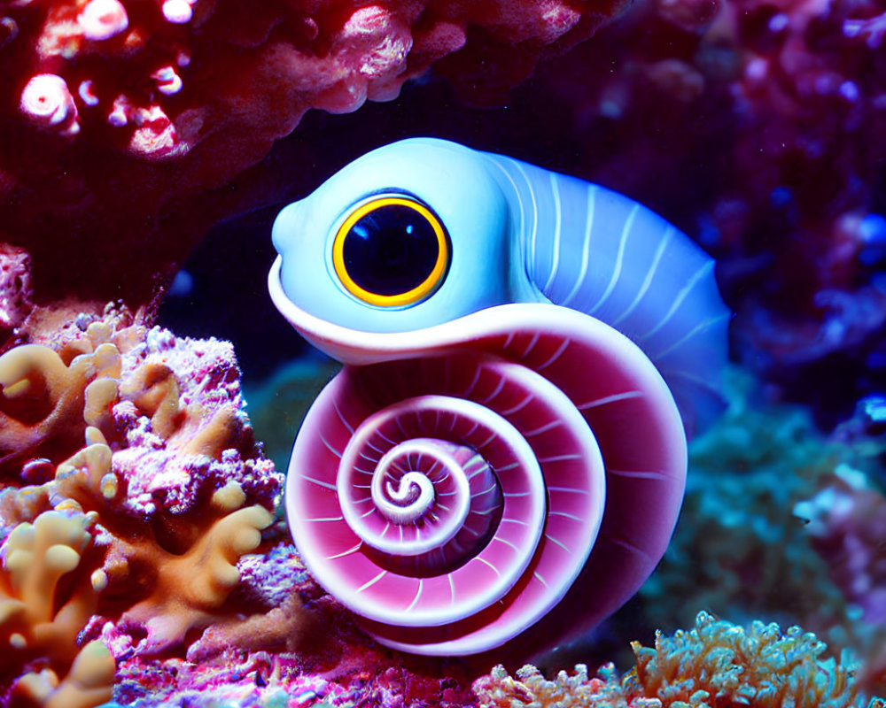 Colorful Spiral-Shelled Creature in Vibrant Marine Scene