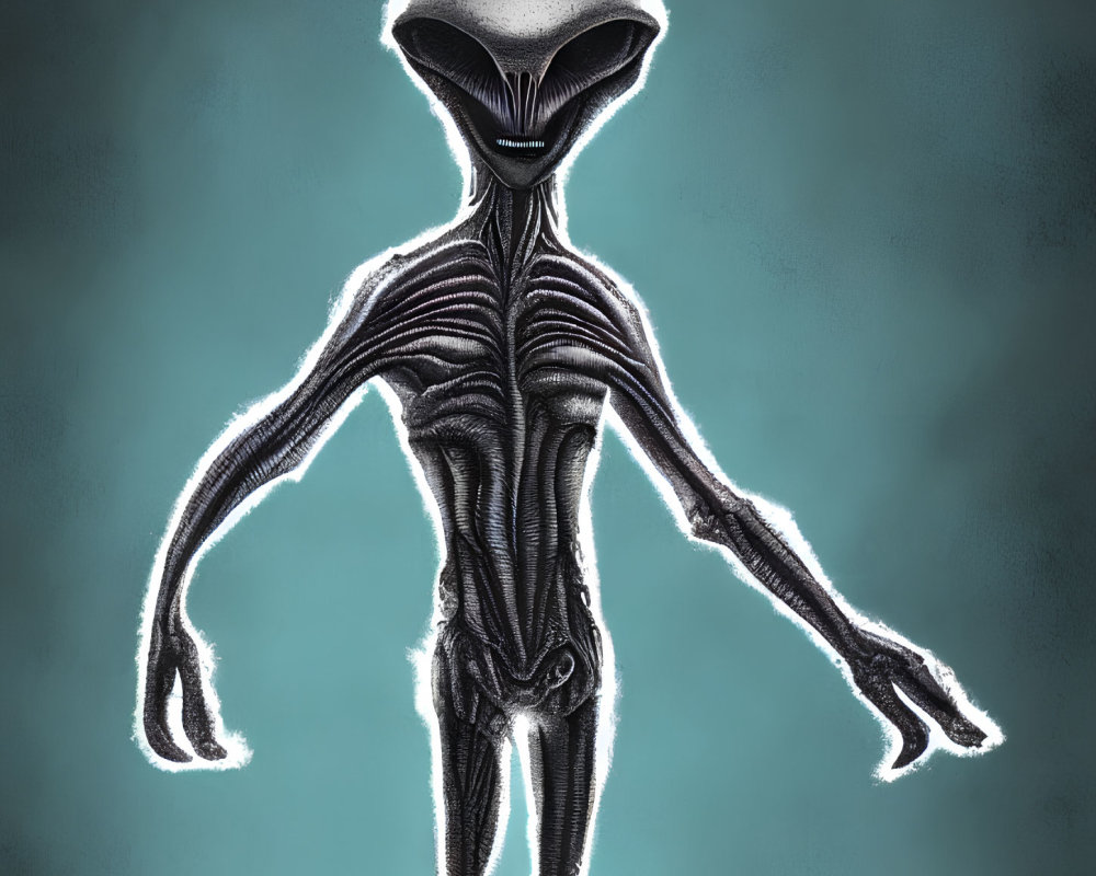 Slender humanoid alien with oversized head and black eyes on blue background