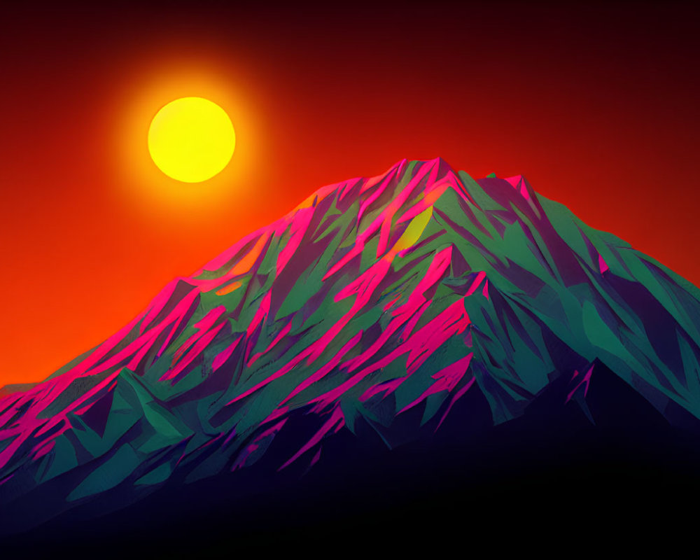 Colorful digital artwork: Mountain sunset in purple and blue hues under amber sky.