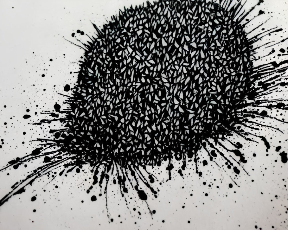 Ink splatter with dense droplets and fine specks on white background