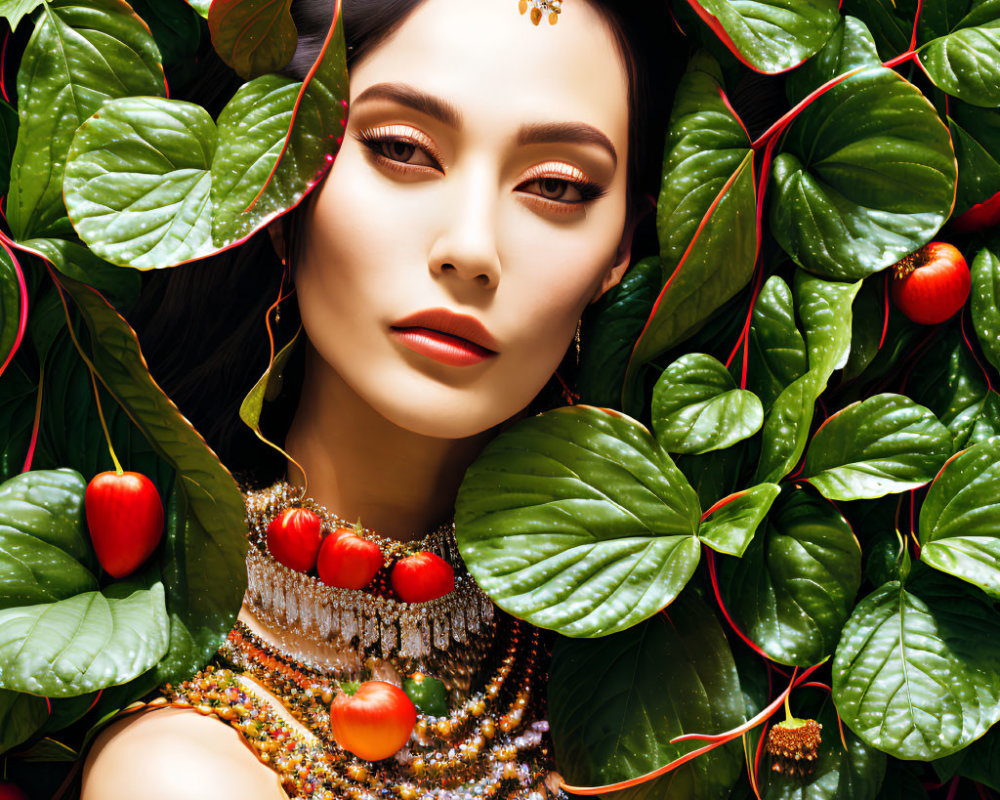 Woman with elegant jewelry among lush green leaves and red berries