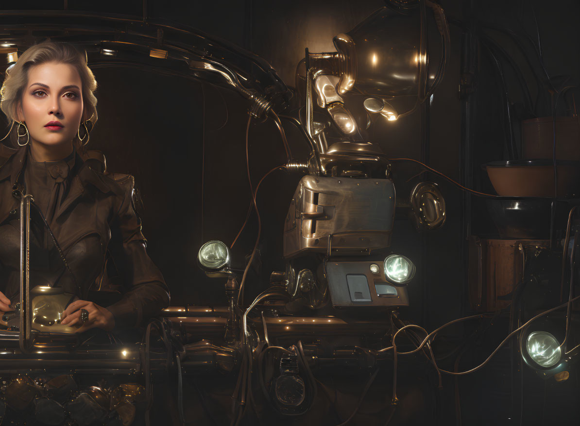 Woman in brown leather outfit with steampunk robot in vintage setting