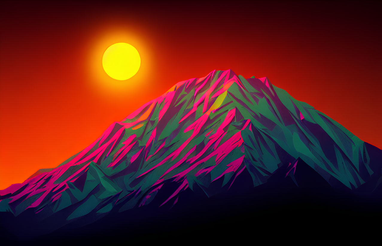 Colorful digital artwork: Mountain sunset in purple and blue hues under amber sky.